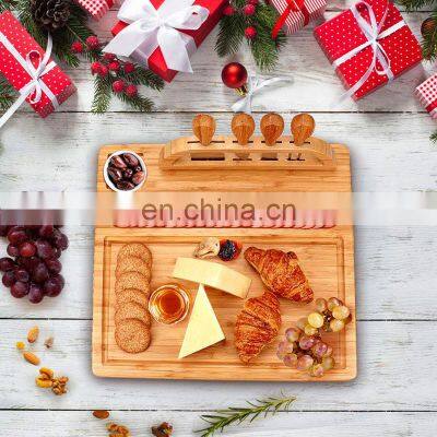 Large bamboo cheese tray 4 pieces knife set wooden pizza cookie vegetable fruit cutting serving board platter
