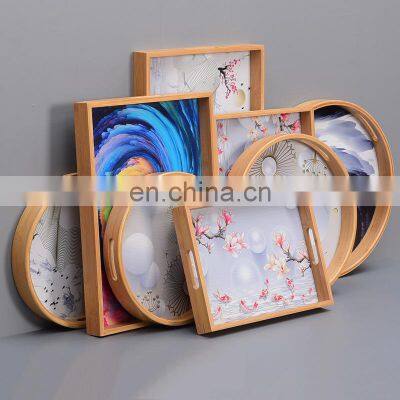 Chinese painted color Style Hotel Restaurant Round Cutlery Bamboo Serving Tray