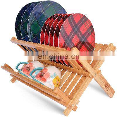 Foldable Bamboo 2-Tier Dish Drying Rack Space-Saving Kitchen Countertop Plate Drainer