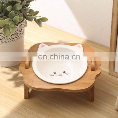 Eco friendly custom designer luxury ceramic stand elevated raised dog cat pet water food bowls & feeders bamboo rack frame