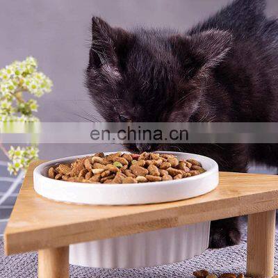 Wholesale custom bamboo wooden pet treat food ceramic bowls for cats and dogs feeder accessories luxury designer elevated stand