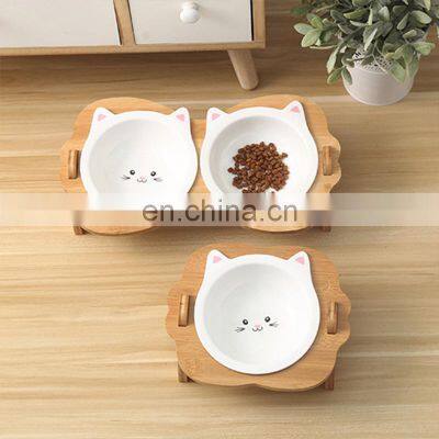 Non-slip Feeding Cat Pet Dog Stand Natural Bamboo Rack Ceramic Bowls Feeder for Pets