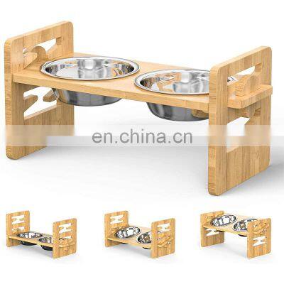 Advanced technology pet food and water dog cat eating bowl ceramic iron stainless steel feeder high adjustable tilt bamboo stand