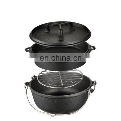 Three-Legged Dutch Outrigger Cover Flat-Bottom Camping Hanging Open Fire Stew Pot Cast Iron Picnic Pot