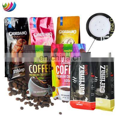 Custom printing bolsa de cafe aluminum foil flat bottom stand up pouch packaging ethiopia coffee bags with valve and zipper