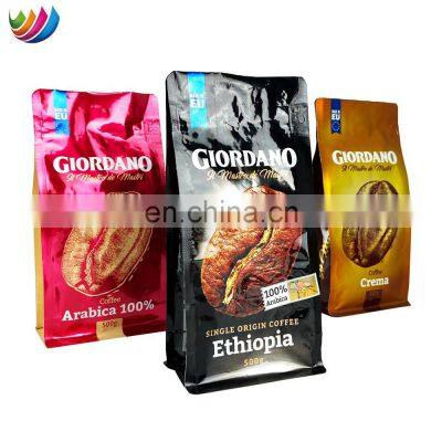Factory OEM Bolsas De Cafe Box Bottom Mylar Stand Up Pouch Aluminium Foil Bean Coffee Bag With Valve