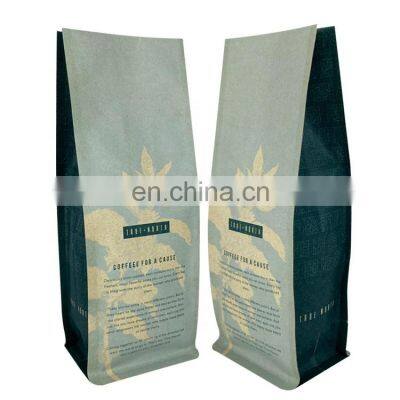 Custom Printing Biodegradable Kraft Paper Stand Up Pouch Resealable Flat Bottom Coffee Bean Packaging Bag With One Way Valve