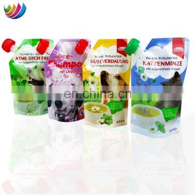 OEM factory 10ml 30ml plastic doypack stand up shampoo spout pouch bag for cats and dogs pet