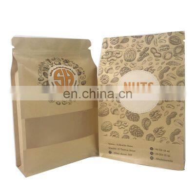 custom logo stand up flat bottom resealable recyclable paper bag with window for nuts popcorn