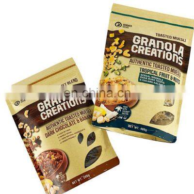 Custom wholesale aluminium clear window stand up pouch kraft paper zipper snack fitness food packaging bags