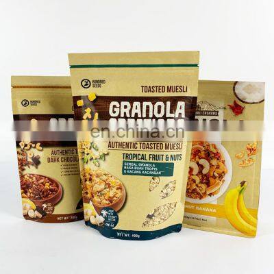 high quality environmental protection wholesale food grade stand up kraft paper granola bag with zipper and clear window