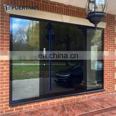 High Glossy Exterior Front Entry Doors Black Stainless Steel Security Door With Mirrored Glass Design