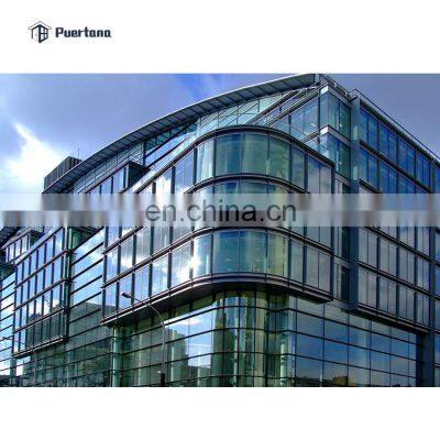 Frameless Mirror Curved Double Glass Curtain Wall Facade Building With Operable Awning Window