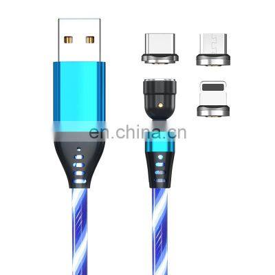 3 in 1 usb charging cable 540 degree rotation led luminous flowing magnetic charging USB data cable for Iphone