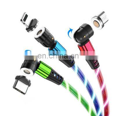540 degree rotation 3 in1 fast charging cable led luminous flowing magnetic charging USB cable for Iphone