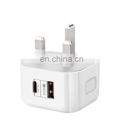 High Quality UK Standard PD 20W charger dual port Type-c+QC3.0 Usb Wall Charger usb c 18pd wall charger for iPhon 12