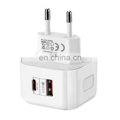 High Quality EU Standard PD 20W charger dual port Type-c+QC3.0 Usb Wall Charger usb c 18pd wall charger for iPhon 12