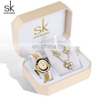 SHENGKE Luxury Ladies Wrist Watches Sets Golden Steel Mesh Band Watch Female Gift Box Set Gold Plated Watches Jewelry Gift