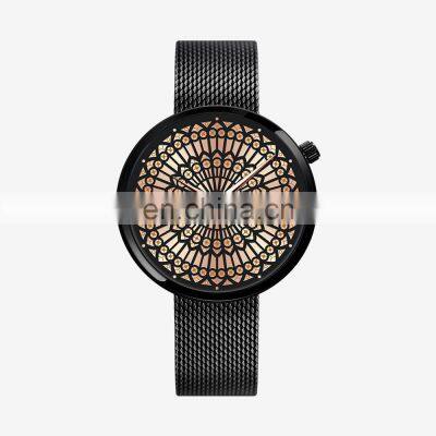 SHENGKE Fashion Ladies Flower Pattern Watch Steel Mesh Band Wristwatch Unique Design Watches Black Alloy Watches K0114L