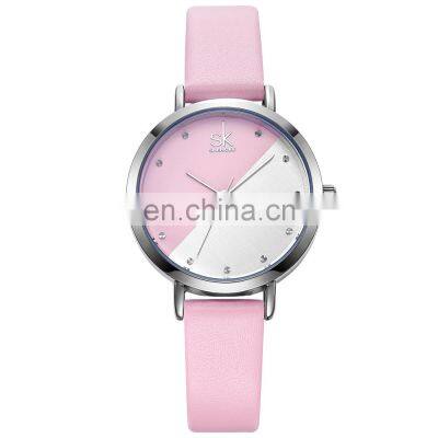 SHENGKE Elegant Ladies Watch Two-tone Dial Soft Leather Band Japan Quartz Movement Watches K8014L
