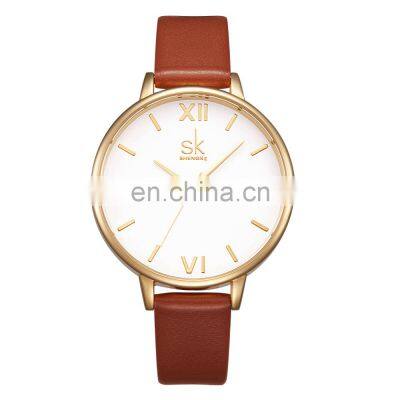 SHENGKE Simple Style Wristwatch Leather Strap Watch Waterproof 30 Meters Golden Gold Watches K0056L