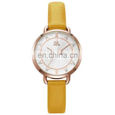 SHENGKE Luxury Lady Watch Dazzling Diamond Cutting Glass Shiny Dial Soft Leather Band Japanese Quartz Movement K9001L