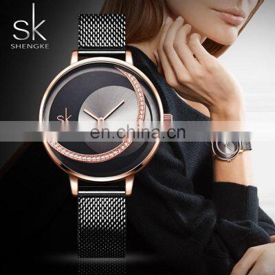 SHENGKE Dazzling Dial Alloy Watches Woman Black Mesh Belt Alloy Waterproof Ladies Wholesale Watches K0088L Reloj Para Mujer