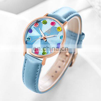 SHENGKE SK Woman Watch Drop Shipping Watches K0157L Blue Leather Wristwatch Japan Quartz Movement 2035 Big Stone Bling Dial