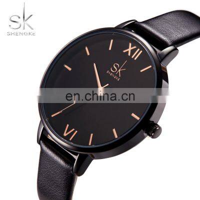 SHENGKE Woman Men Black Watchs Roman Number Dial Handwatch Womens Personalized Quartz Wacth K0039L