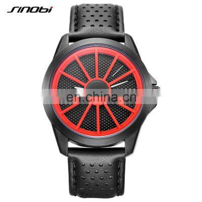 SINOBI Creative Watches Men Car Wheel Watch Breathable Holes Leather Band Quartz Watches S9779G