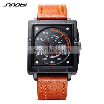 SINOBI Square Men's Watch Charming Leather Band Hollow Out Pointer Double Calendar Date Day Cool Model S9761G Jam Tangan Pria