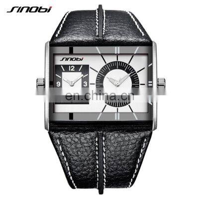 SINOBI Fashion Square Men's Watch 316L Stainless Steel Case Genuine Leather Band Dual Time Display Quartz Movement 1256G