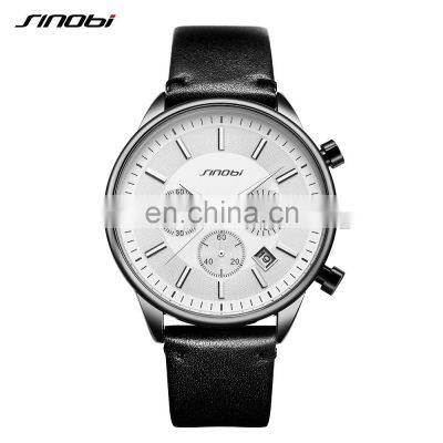 SINOBI 2021 Business Men's Genuine Leather Band Hand Watch Three Small Sub-dials Chronograph Men's Watch S9797G montre homme
