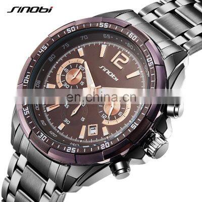 SINOBI Brown Men Luxury Watch S9696G Stainless Steel Men Wristwatch Night Light Function Date Window Handwatch jam tangan pria