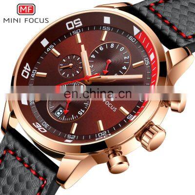 MINI FOCUS MF0017G Watch Men Quartz Sport watch Date Display Genuine Leather Strap Chronograph Fashion Waterproof Wrist Watches