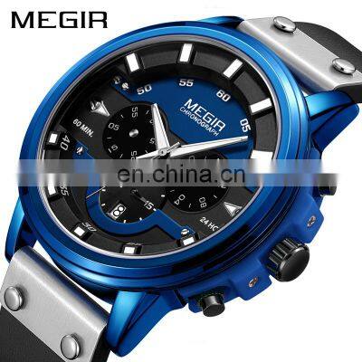 MEGIR 2080 Watches Men Wrist Casual Luminous Chronograph Quartz Wristwatches Waterproof Leather Man Watch Relogio Masculino