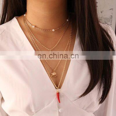 Women 's New Pearl Red Chilli Elephant Lock Necklace Female Personality Retro Multi-Layer Creative Necklace N665