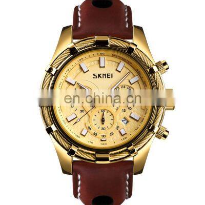 Skmei 9189 high quality luxury gold men leather quartz watch waterproof fashion wristwatch