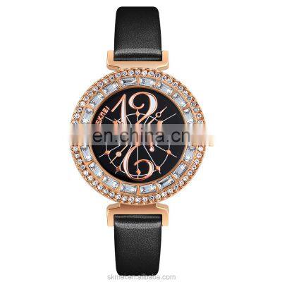 Newest fashion designer women watches oem logo elegant dial gold case skmei 9158 diamond wristwatch