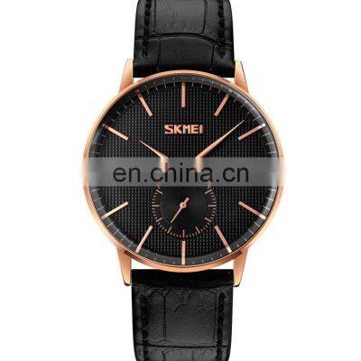 OEM custom logo men quartz watch wholesale Skmei 9273 genuine black leather men casual wristwatch