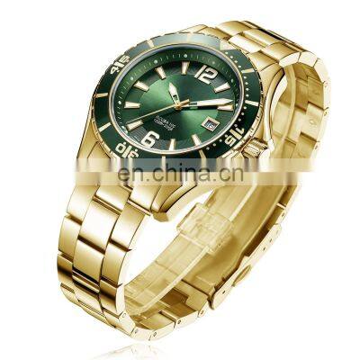 Green men stainless steel watch gold fashion quartz rotation waterproof dive watches top brand luxury men watch