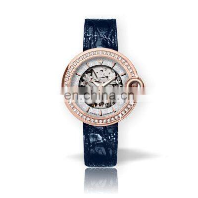DK&YT New Arrival Attractive 5ATM Genuine Leather Automatic Movement Skeleton Case Back Ballon Blue Woman Watch