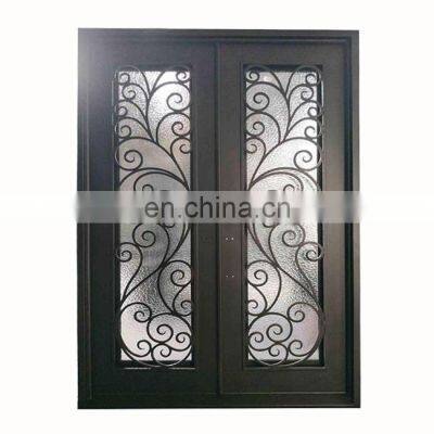 modern front decorative tempered aquatex glass galvanized paint bronze color double storm home security wrought iron doors