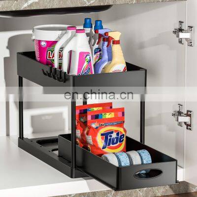 Amazon Hot Selling Kitchen Pull Out Drawer Organizer, Under Sink Storage Rack, 2 Tier Sliding Spice Shelf