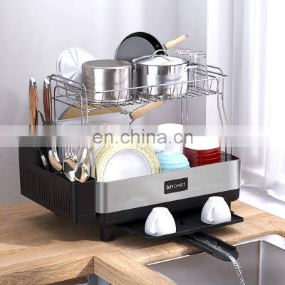 Cutlery Drying Rack and Drainer, SINOART 2-Tier Large Cutlery Rack with Swivel spout, Stainless Steel Cutlery Drainer