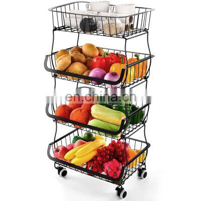 Pantry Vegetable Kitchen Organizer Rack Black 4 Tier Stackable Metal Wire Fruit Storage Basket Trolley Cart with Wheels