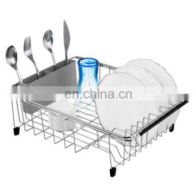 Expandable Stainless Steel Large Over The Sink Kitchen Organers Counter Dish Drainer Drying Rack with Black Removable Holder