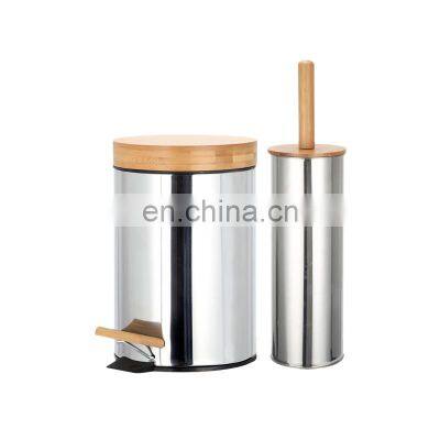 Bamboo Lid Trash Bin and Toilet Brush Set Round Shape Pedal Soft Close Silver Stainless Steel