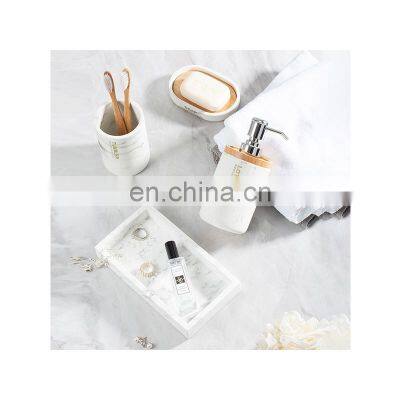 Polyresin White Marble Bathroom Accessory Set Rubber wood soap Dispenser Soap Dish Tumbler Toothbrush Holder