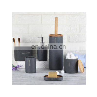 Polyresin Grey Sandy Bathroom Accessory Set with Rubber wood Includes soap Dispenser Soap Dish Tumbler Toothbrush Holder